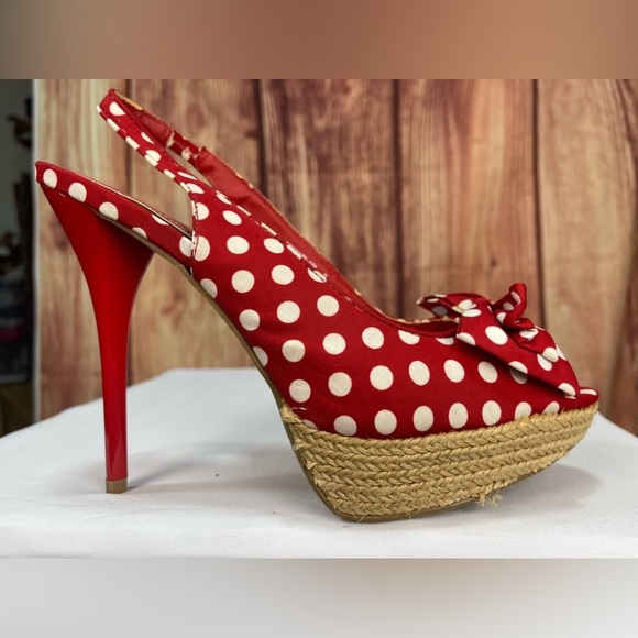 Red and white polka dot Bettie boop rockabilly platform high heeled shoes size 9 - Picture 6 of 17